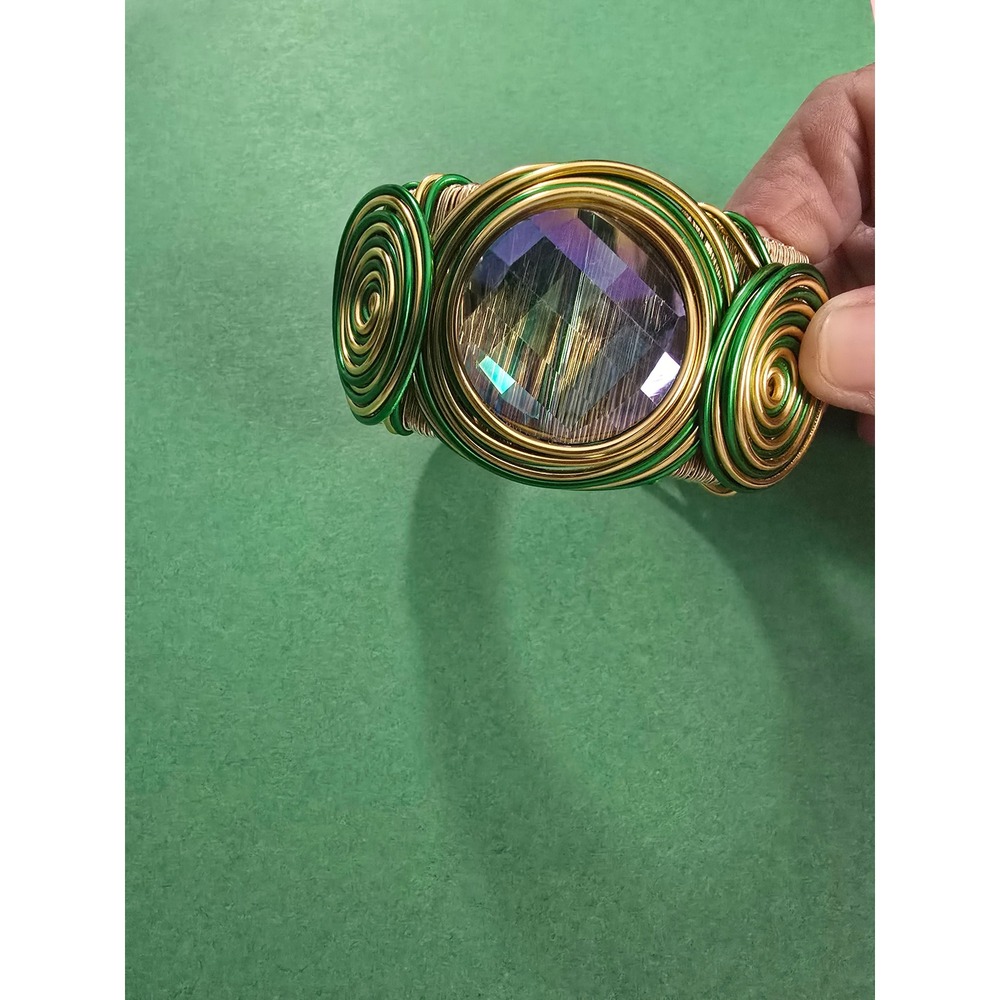 Handmade Wire Wrapped Cuff Bracelet Green Gold Iridescent Crystal Statement Boho